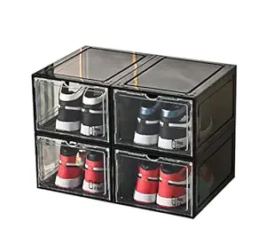 House of Quirk Organizer, Large Storage Boxes With Magnetic Door, Clear Stackable Plastic Containers for Shoes (Pack of 4, Black